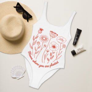 Bloom Where You Are Planted One-Piece Swimsuit – Minimalist Floral Line Art Swimwear – Inspirational Botanical Bathing Suit
