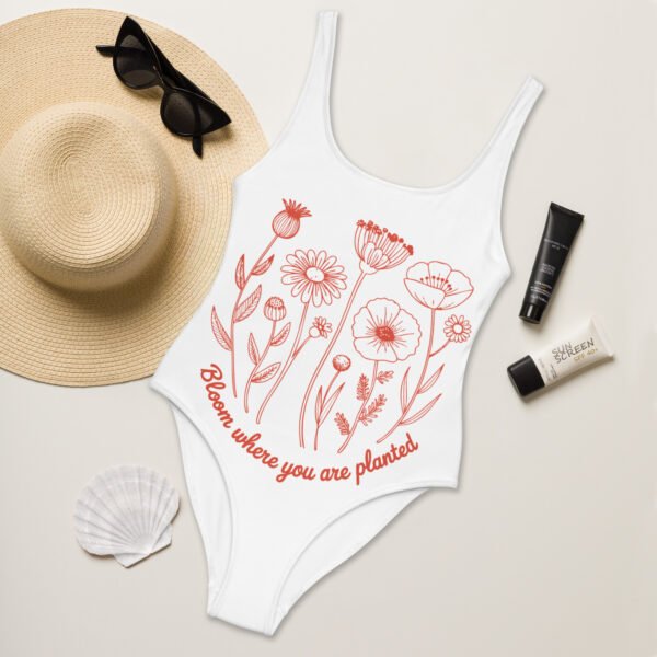 Bloom Where You Are Planted One-Piece Swimsuit – Minimalist Floral Line Art Swimwear – Inspirational Botanical Bathing Suit