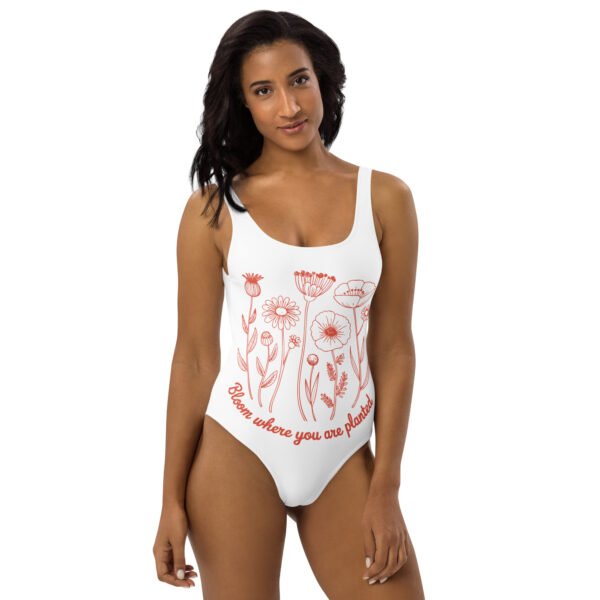 Bloom Where You Are Planted One-Piece Swimsuit – Minimalist Floral Line Art Swimwear – Inspirational Botanical Bathing Suit - Image 2