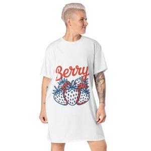 Vintage Berry All-Over Print T-Shirt Dress – Retro Strawberry Graphic, Summer Fruit Dress, Red White Blue Cute 90s Style Outfit