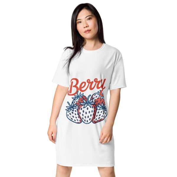 Vintage Berry All-Over Print T-Shirt Dress – Retro Strawberry Graphic, Summer Fruit Dress, Red White Blue Cute 90s Style Outfit - Image 2