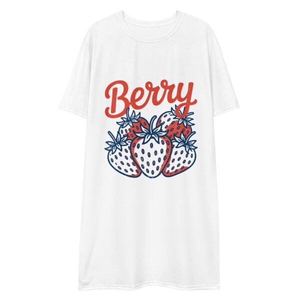 Vintage Berry All-Over Print T-Shirt Dress – Retro Strawberry Graphic, Summer Fruit Dress, Red White Blue Cute 90s Style Outfit - Image 3