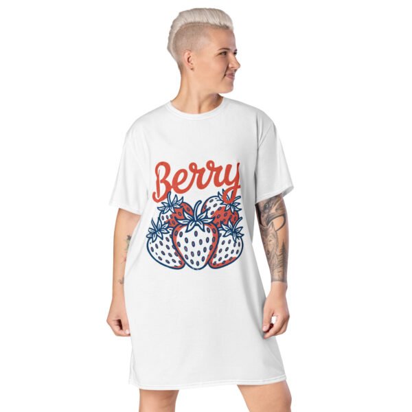 Vintage Berry All-Over Print T-Shirt Dress – Retro Strawberry Graphic, Summer Fruit Dress, Red White Blue Cute 90s Style Outfit - Image 6