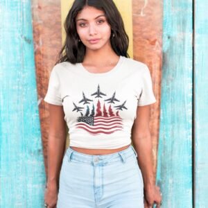 Women’s Patriotic Fighter Jet Boxy Tee – Heavyweight Flame Flag Graphic Shirt, 4th of July USA Top