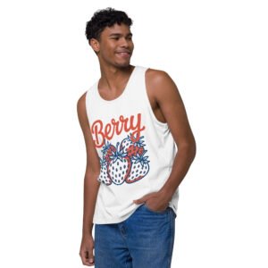Berry Sweet Men’s Premium Tank Top – Retro Strawberry Graphic Muscle Shirt for Summer