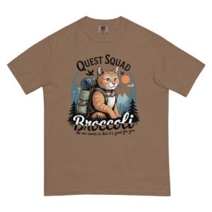 Comfort Colors® Quest Squad Broccoli Shirt – Hiking Cat Graphic Tee – Funny Outdoor Adventure T-Shirt for Nature Lovers