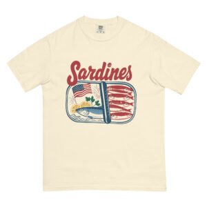 Sardines Graphic Unisex Heavyweight T-Shirt – Vintage Patriotic Seafood Tee, 4th of July Americana Shirt