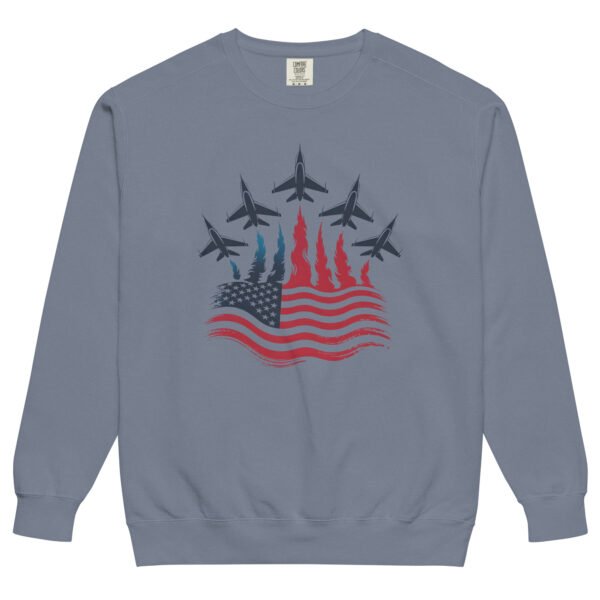 Patriotic Fighter Jet Flag Sweatshirt – Unisex Garment-Dyed American Flag Flame Crewneck - Image 6