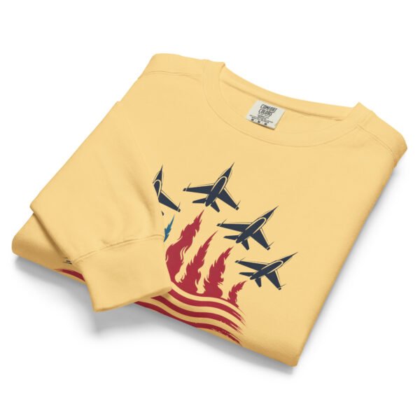 Patriotic Fighter Jet Flag Sweatshirt – Unisex Garment-Dyed American Flag Flame Crewneck - Image 3