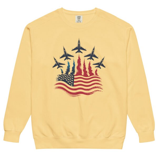 Patriotic Fighter Jet Flag Sweatshirt – Unisex Garment-Dyed American Flag Flame Crewneck - Image 9