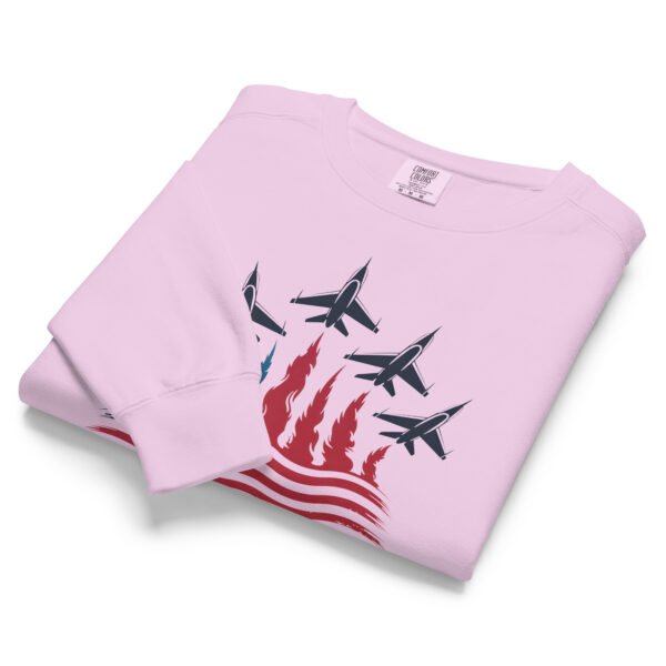 Patriotic Fighter Jet Flag Sweatshirt – Unisex Garment-Dyed American Flag Flame Crewneck - Image 2