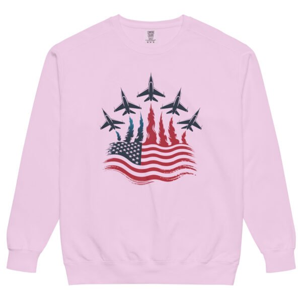 Patriotic Fighter Jet Flag Sweatshirt – Unisex Garment-Dyed American Flag Flame Crewneck - Image 8