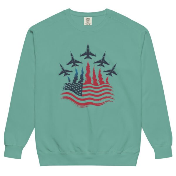 Patriotic Fighter Jet Flag Sweatshirt – Unisex Garment-Dyed American Flag Flame Crewneck - Image 7