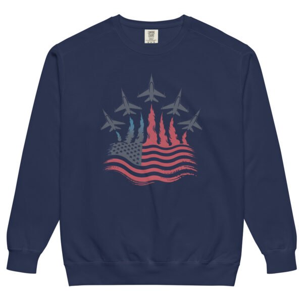 Patriotic Fighter Jet Flag Sweatshirt – Unisex Garment-Dyed American Flag Flame Crewneck - Image 5