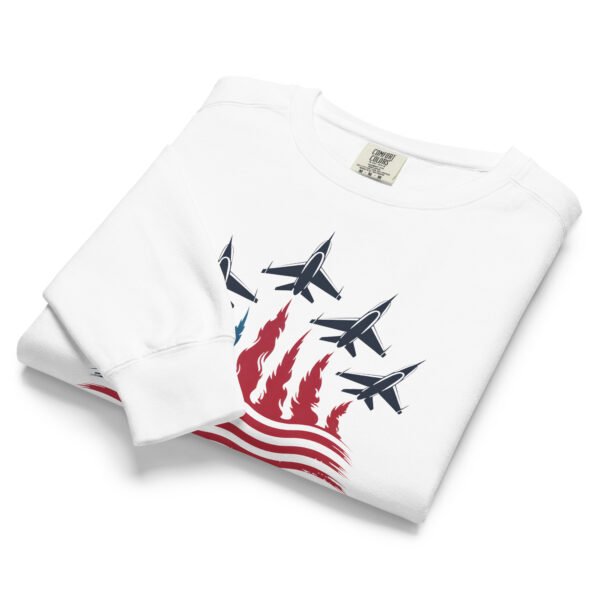 Patriotic Fighter Jet Flag Sweatshirt – Unisex Garment-Dyed American Flag Flame Crewneck - Image 4