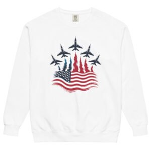 Patriotic Fighter Jet Flag Sweatshirt – Unisex Garment-Dyed American Flag Flame Crewneck