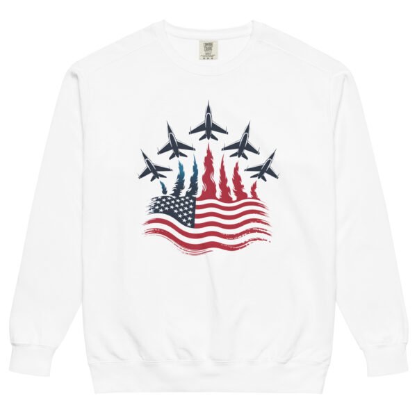 Patriotic Fighter Jet Flag Sweatshirt – Unisex Garment-Dyed American Flag Flame Crewneck