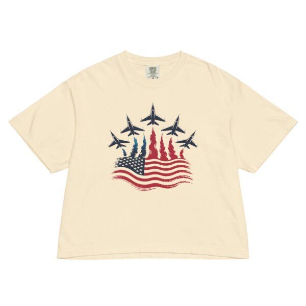 Women’s Patriotic Fighter Jet Boxy Tee – Heavyweight Flame Flag Graphic Shirt, 4th of July USA Top - Image 6