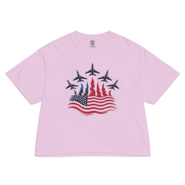 Women’s Patriotic Fighter Jet Boxy Tee – Heavyweight Flame Flag Graphic Shirt, 4th of July USA Top - Image 5