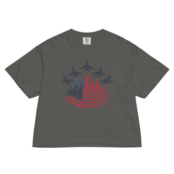 Women’s Patriotic Fighter Jet Boxy Tee – Heavyweight Flame Flag Graphic Shirt, 4th of July USA Top - Image 4