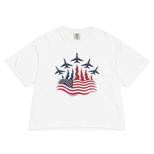 Women’s Patriotic Fighter Jet Boxy Tee – Heavyweight Flame Flag Graphic Shirt, 4th of July USA Top - Image 7